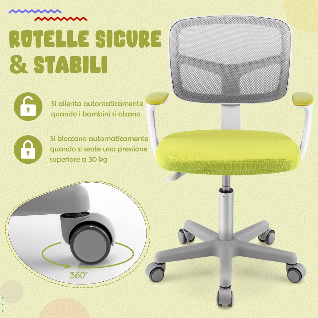 Sedia per Scrivania per Bambini, Sedia per Computer per Bambini con Altezza Regolabile, Ruote con Freni, Sedile Girevole a Rete, Sedia Ergonomica per Bambini 3-10 Anni (Verde)