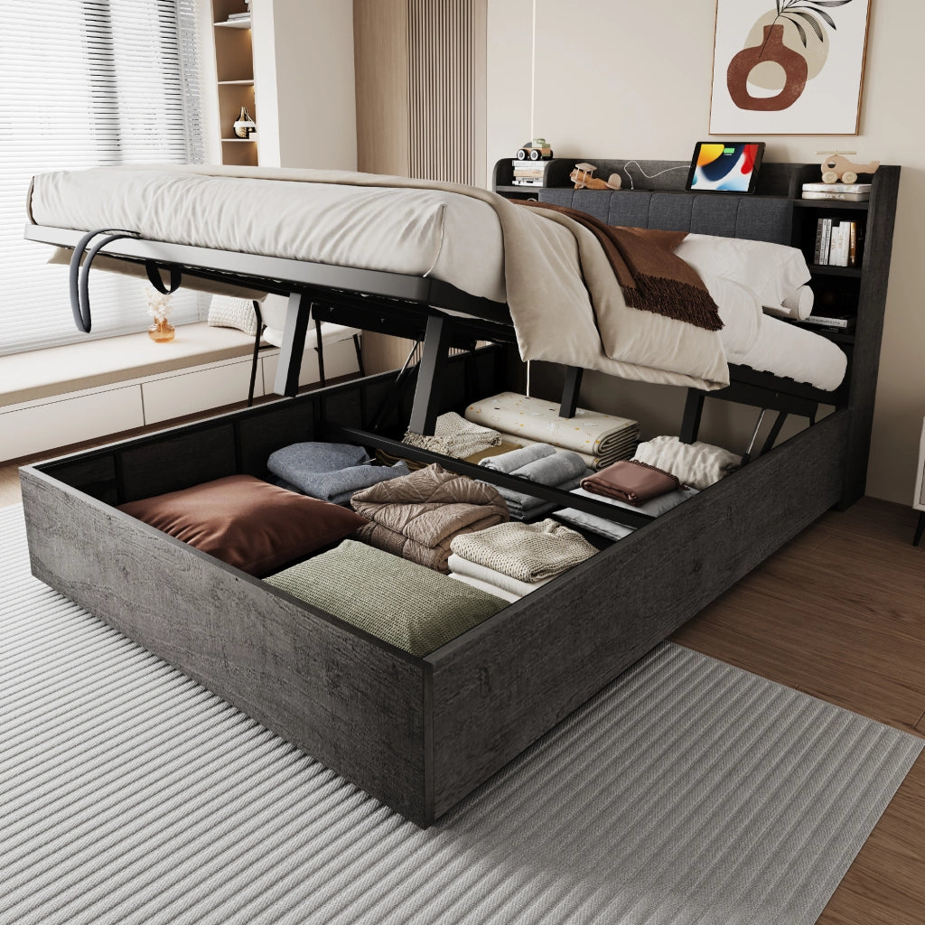 Letto Contenitore Letto Singolo 180 x 200 cm con USB; Type-C e Testiera con Ripiani; Grigio