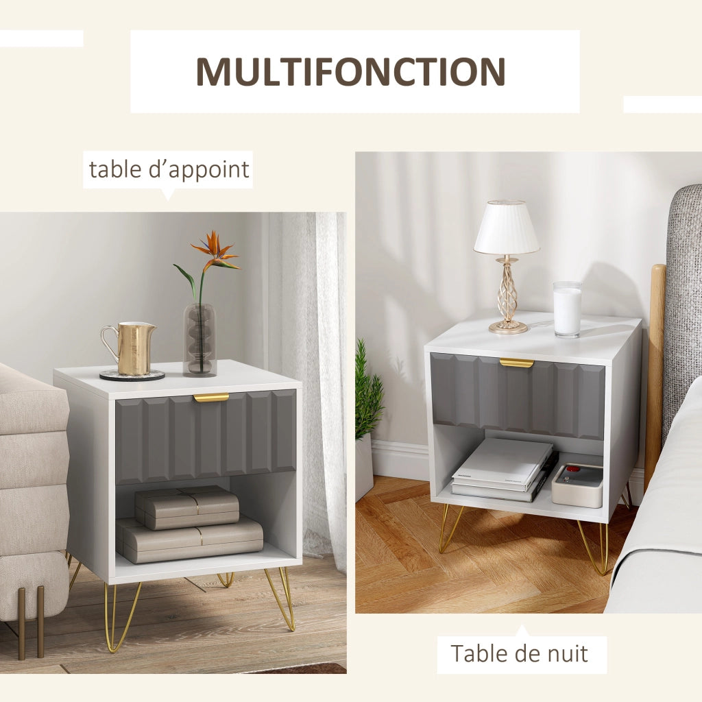 Comodino con cassetto e ripiano aperto ¨C Xylo ¨C bianco, 45x40x55 cm, gambe in acciaio