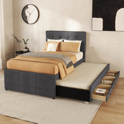 LETTO imbottito estraibile 90x200 cm grigio in lino con 3 cassetti