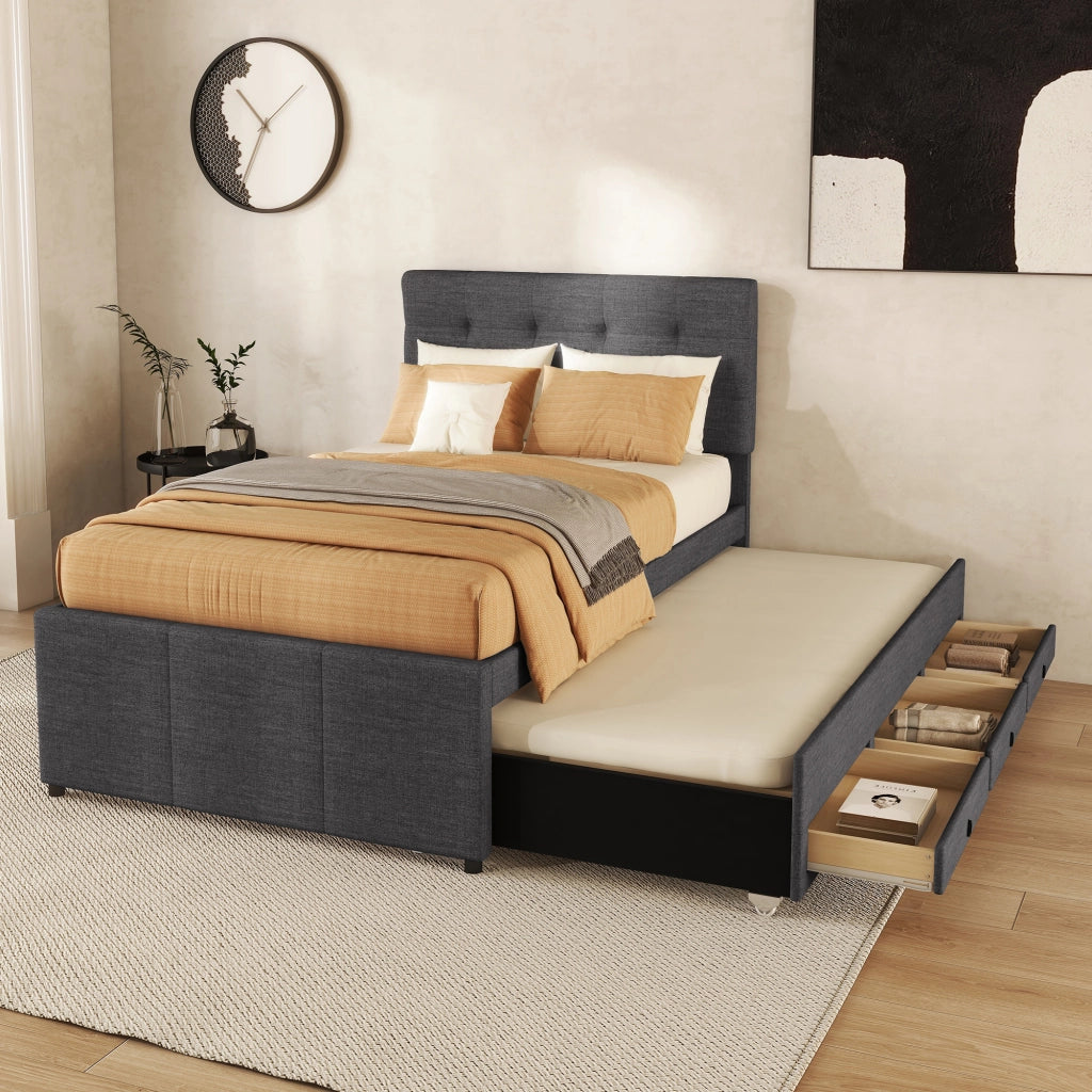 LETTO imbottito estraibile 90x200 cm grigio in lino con 3 cassetti