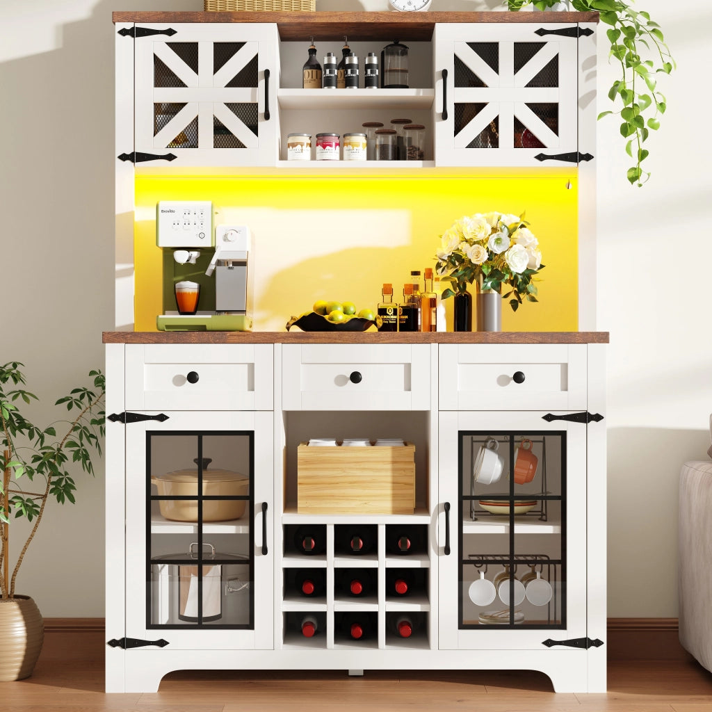 Credenza Alta da Cucina con Ante; 1 Cassetto; Ripiani Regolabili e LED in MDF e Vetro 120×40×180 cm Bianco