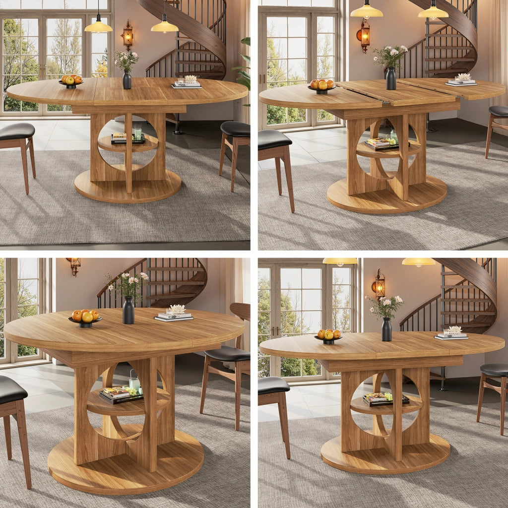 Tavolo allungabile con ripiano centrale, forma tonda e ovale, per sala da pranzo, in MDF, effetto legno stile moderno