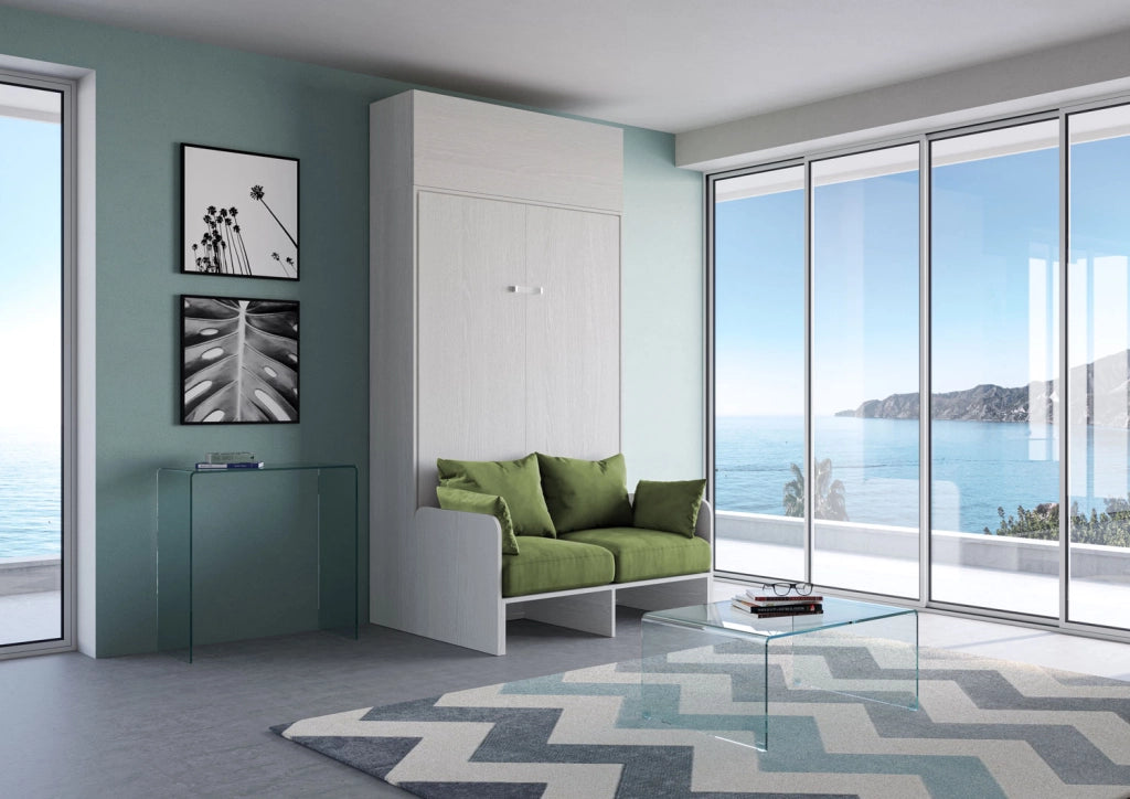 Letto matrimoniale francese a scomparsa 140 Kentaro con divano e pensile  bianco frassino, verde