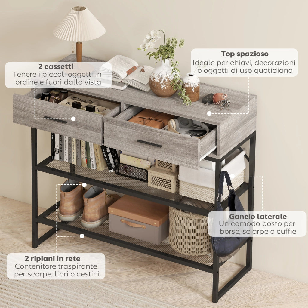 Consolle da Ingresso con 2 Cassetti, 2 Ripiani e Gancio Laterale, in Legno e Metallo, 100x35x92 cm, Nero e Legno