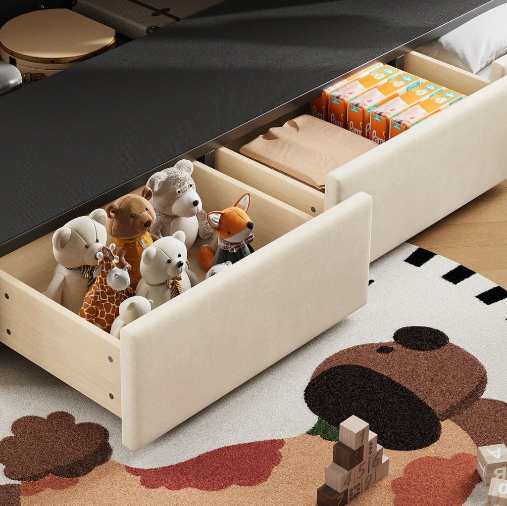Letto imbottito per bambini 90x200 cm con contenitore, cassetti e LED