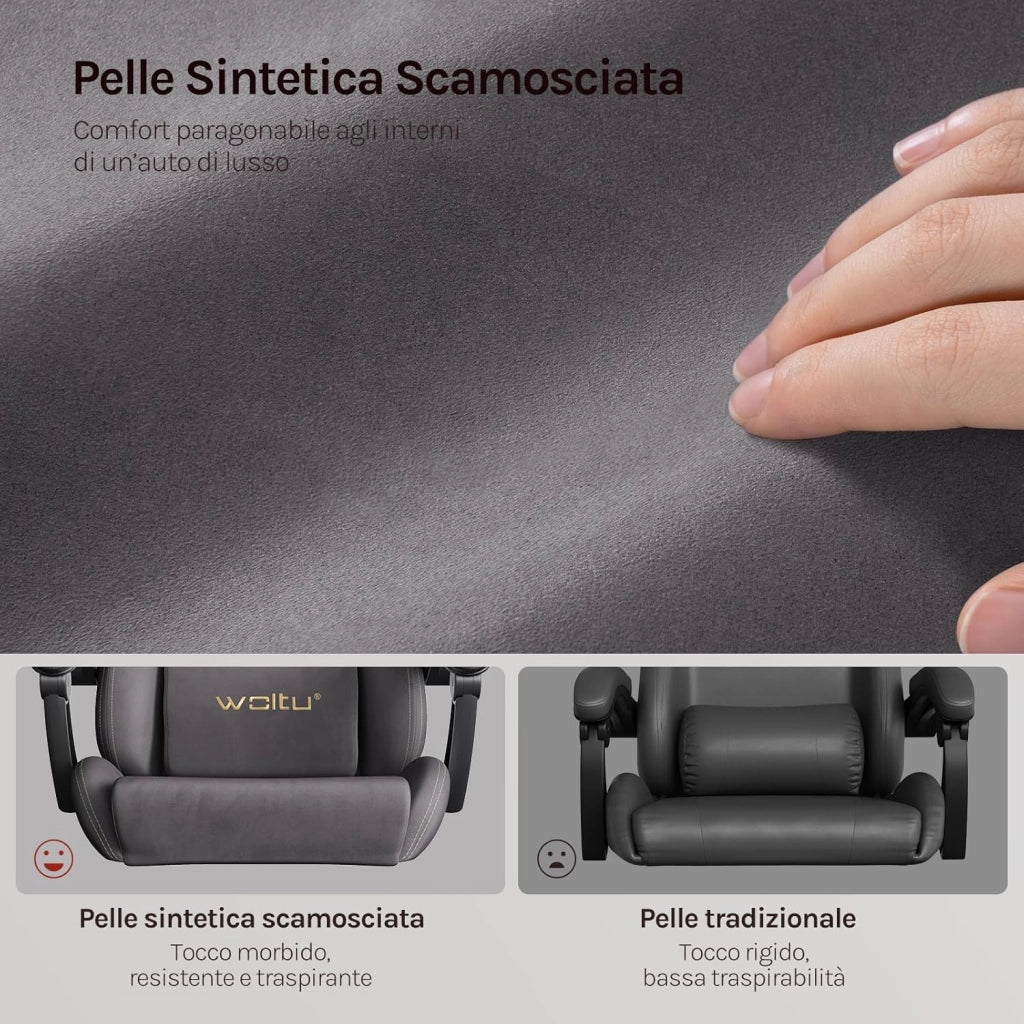 Sedia da gaming, Sedia Gaming Ergonomica con Ruote Silenziose, Altezza e Inclinazione Regolabile, con Braccioli Sincronizzati e Poggiapiedi, in Tessuto Scamosciato, Grigio
