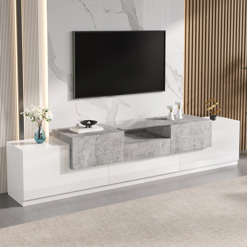 Mobile TV con 4 ante; nicchia aperta in vetro temperato; cassetto centrale e ribalta; per soggiorno; 200 × 33 × 48;5 cm
