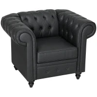 Poltrona da Salotto Stile Chesterfield in Finta Pelle PU con Gambe in Legno, Nero