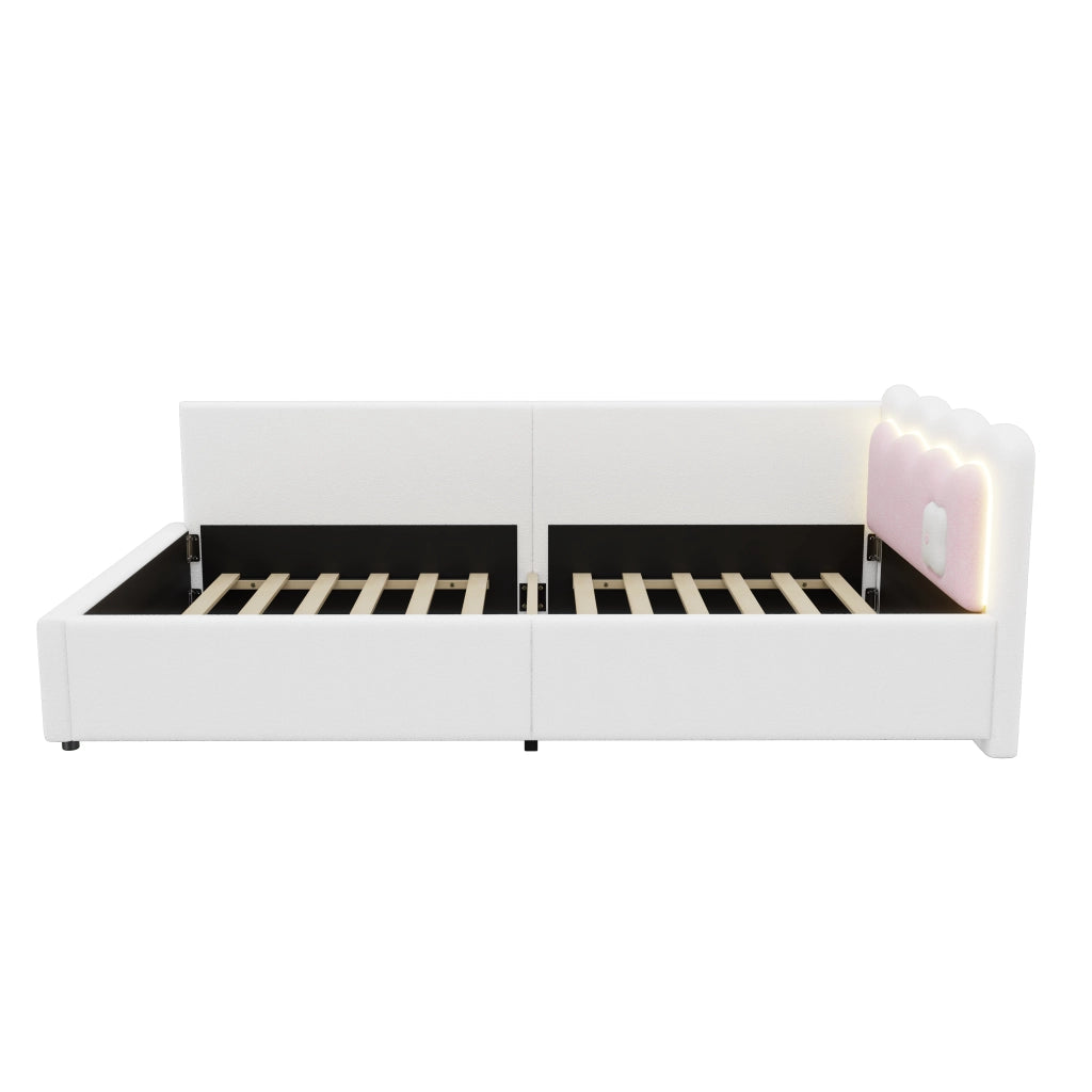 Divano letto singolo rosa 90x200 cm con illuminazione LED regolabile e rete a doghe; velluto