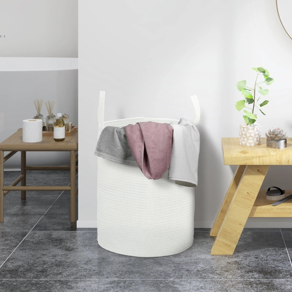 Cesto Portabiancheria Pieghevole con Manici 36L Ø38x45 cm in Cotone Naturale Bianco Crema