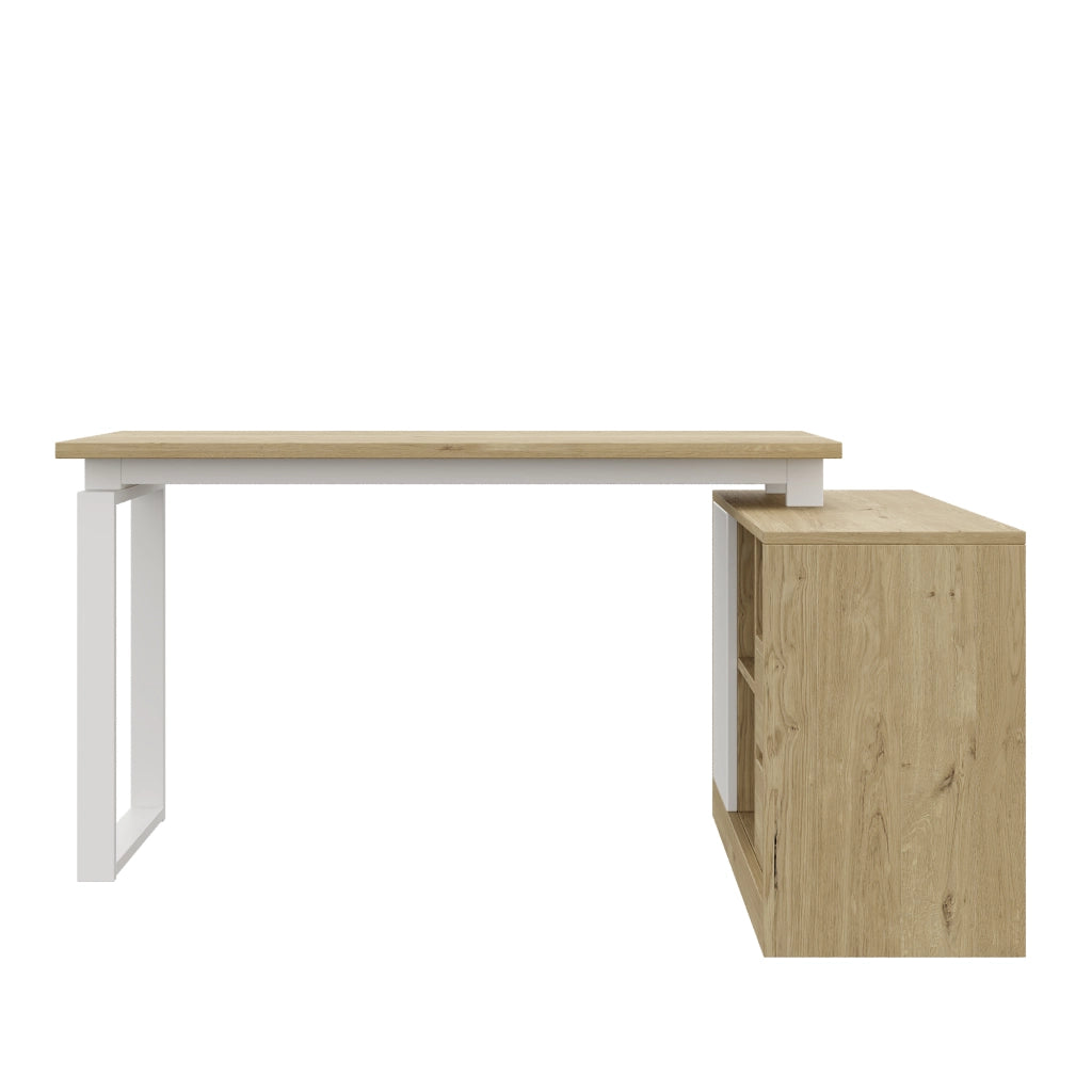 Scrivania angolare 152 x 113.5 x 76 cm, scrivania a L, 2 cassetti, ripiani regolabili, colore legno naturale e bianco