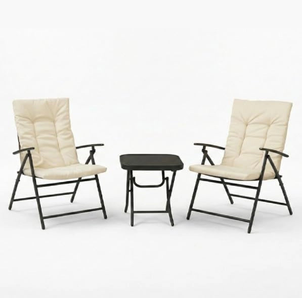 Set Salotto da Esterno Ecrù con 2 Poltrone Reclinabili e Tavolino 45×45 cm