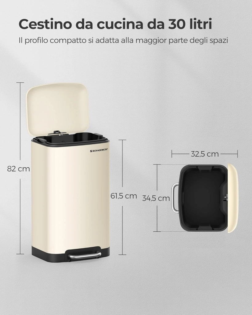 SONGMICS Pattumiera da Cucina, Cestino della Spazzatura da 30L, Pattumiera a Pedale in Acciaio con Coperchio e Secchio Interno, Chiusura Morbida Ammortizzata, Bianco Nuvola LTB001A01