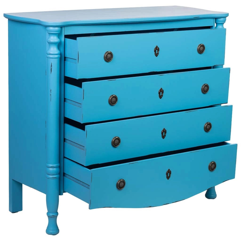 Cassettiera in legno laccato blu invecchiato, 4 cassetti 100x40x90h cm