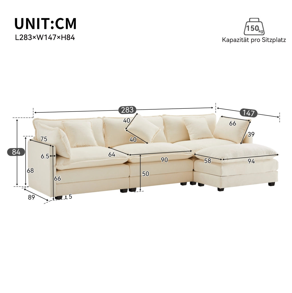 Divano a 3 posti con chaise longue a L e pouf mobile; in ciniglia beige; 283x147x84 cm