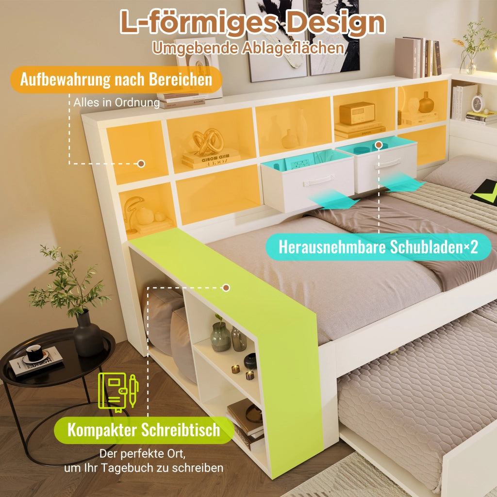 Letto estraibile 140 × 200 cm et 90 × 190 cm, 8 vani contenitore, 3 USB et 1 Type-C, senza materasso, bianco