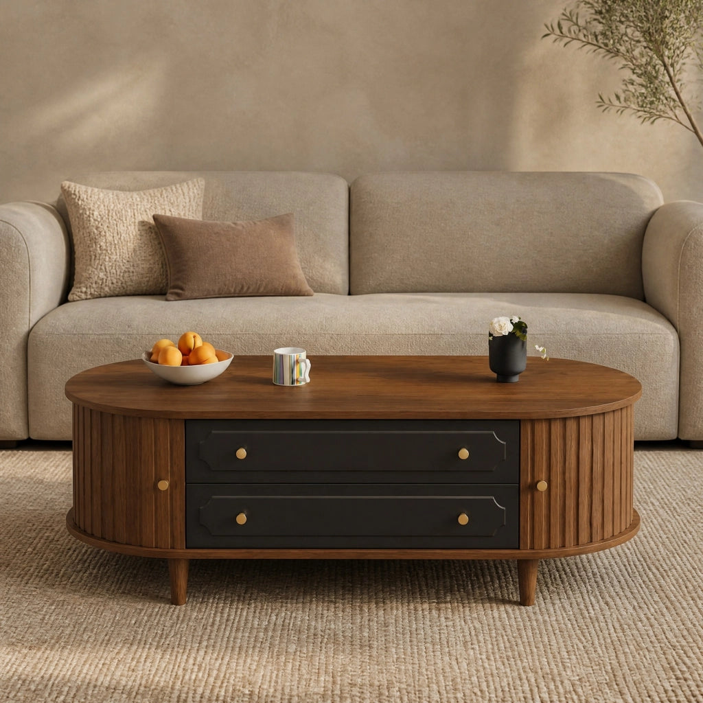 Tavolino da salotto 100 x 50 x 36 cm in effetto noce con 2 cassetti e 2 ante a rullo