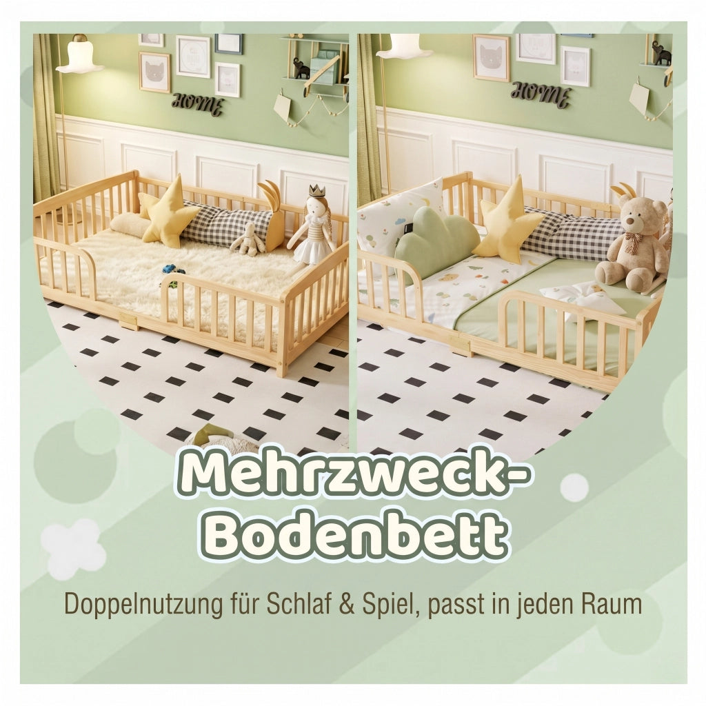 Letto per bambini 140 × 200 cm con barriera di sicurezza e ingresso centrale, senza materasso, in pino, naturale