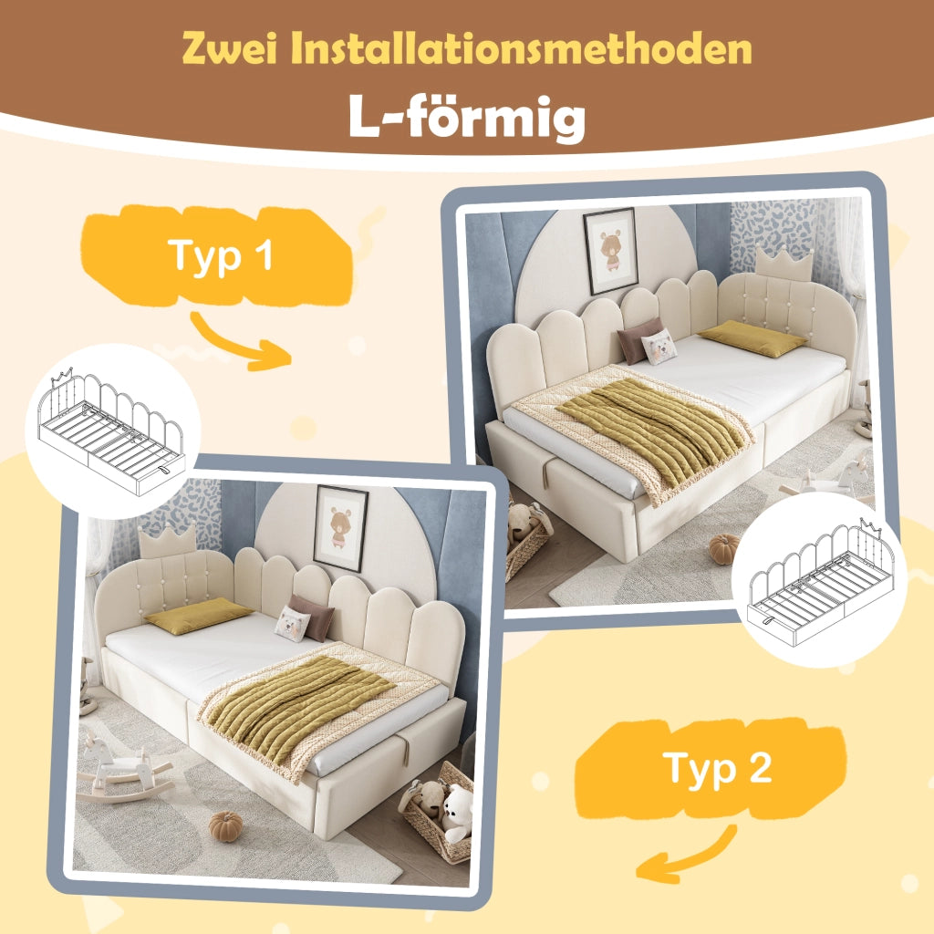 Daybed in velluto beige 90x200 forma L vano idraulico design a corona
