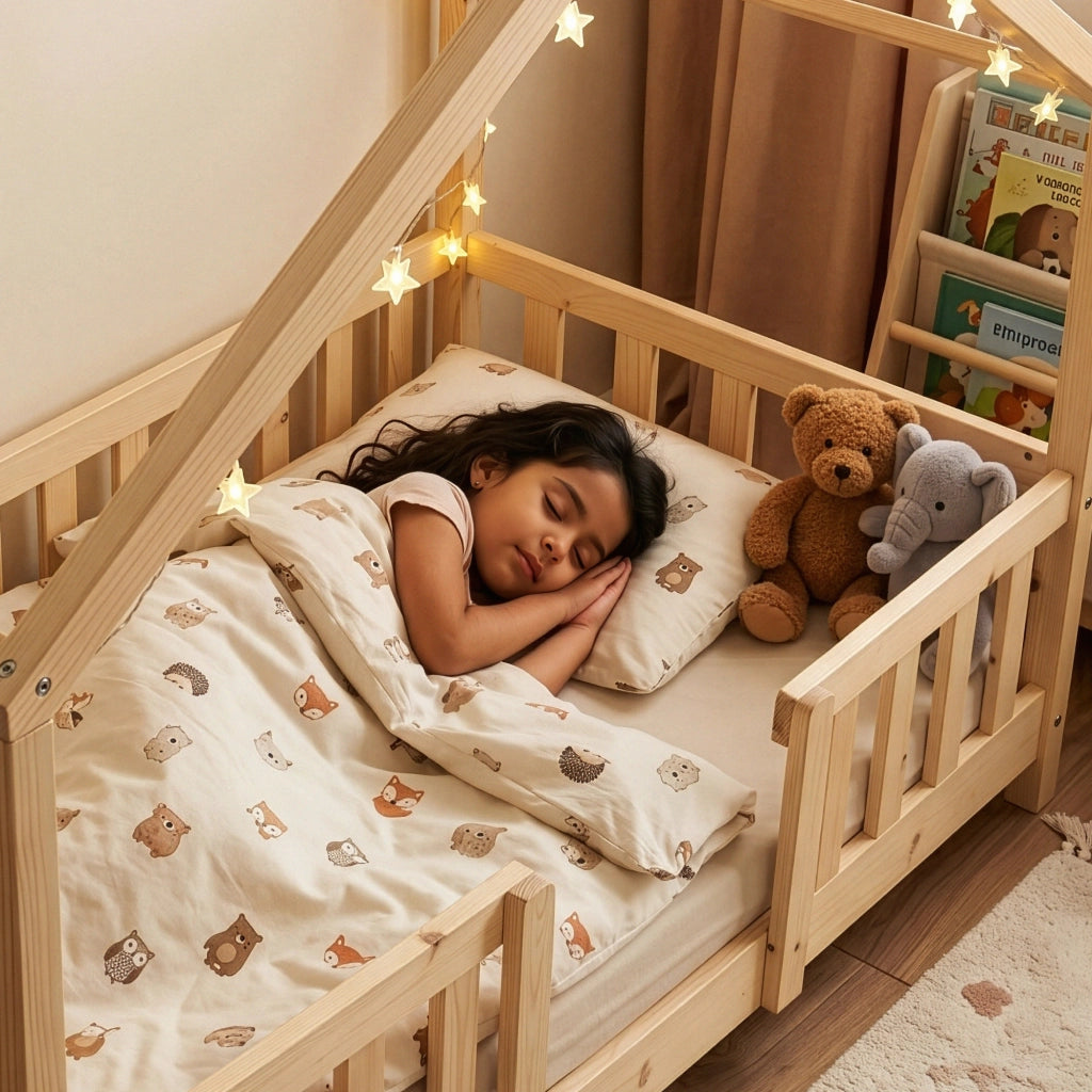 Letto per Cameretta Treviolo a Forma di Casetta in Stile Montessori 80x160 cm Naturale [en.casa]