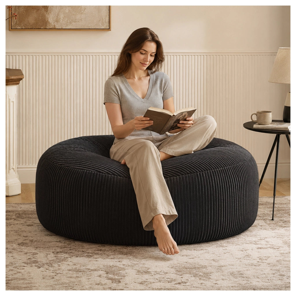 Fauteuil pouf rotondo in velluto a coste con imbottitura in memory foam a rimbalzo elevato, nero 52 × 43,5 × 31,5 cm
