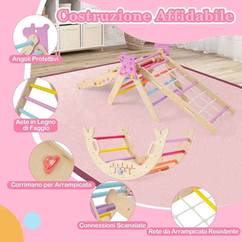 8 in 1 Set da Arrampicata per Bambini, Giocattoli da Arrampicata Pieghevoli con Triangolo Arco e Rampa, Giochi Montessori per Bambini 1 Anni + (Unicorno 4 pezzi, Macaron)