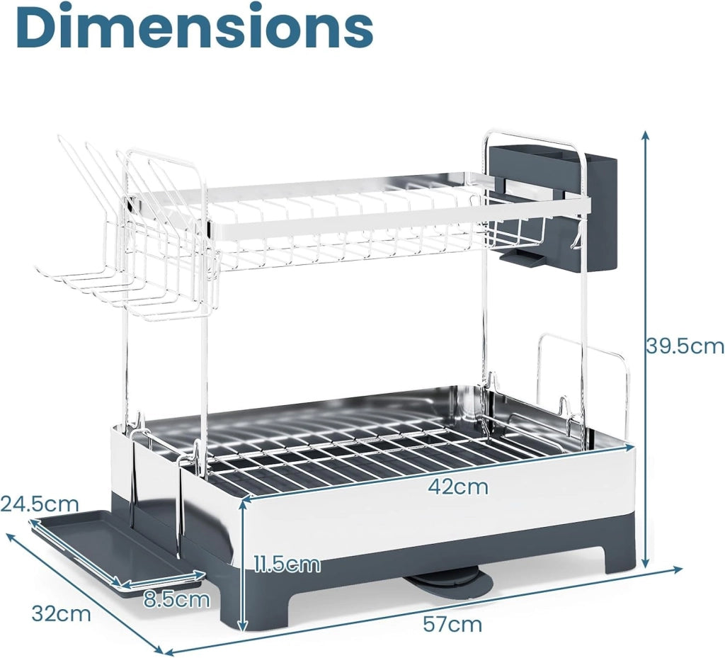 Scolapiatti in acciaio inox, scaffale organizzatore da cucina a 2 livelli con vassoio di scarico porta posate e secchio per posate, deposito cucina, 57 x 32 x 39,5 cm