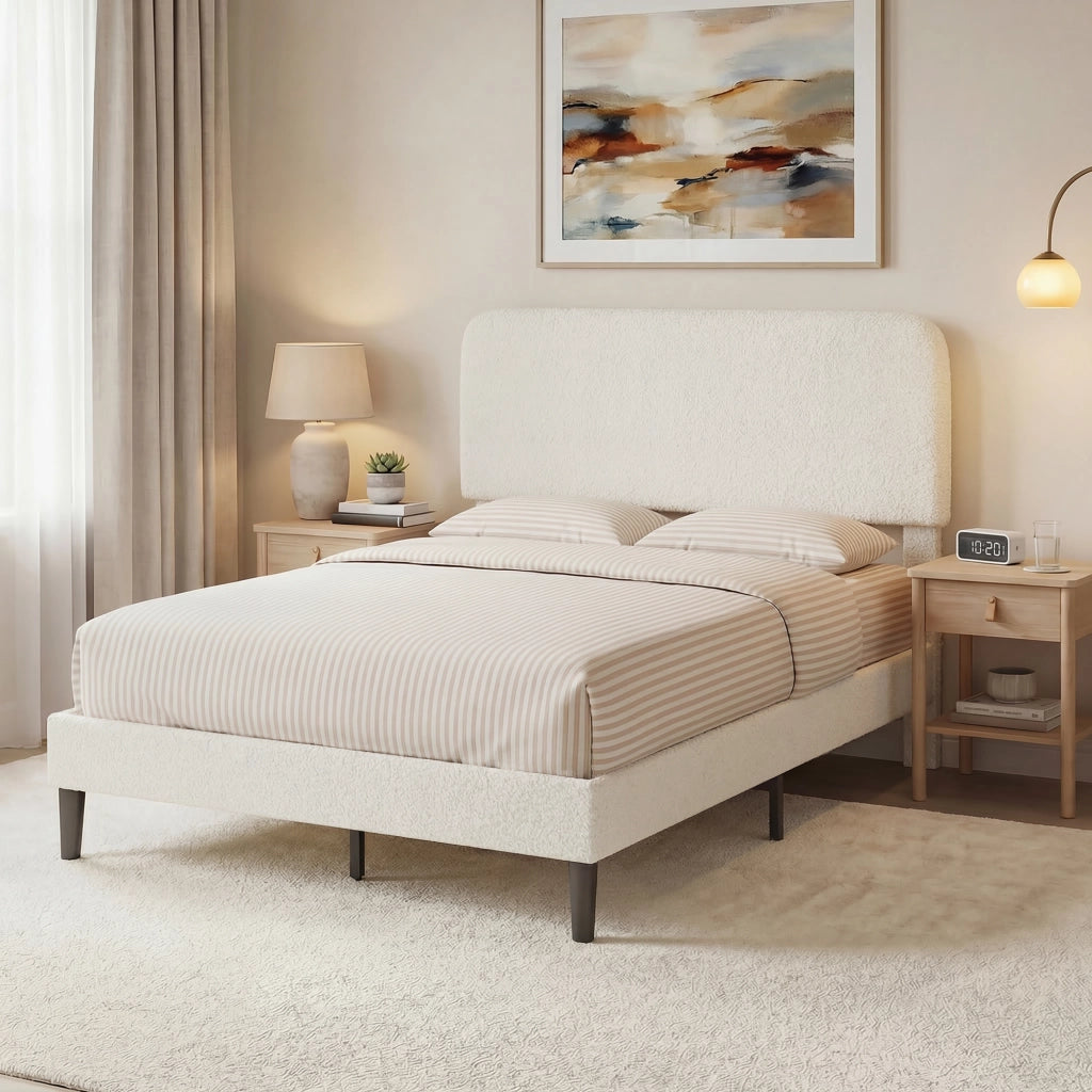 Letto matrimoniale imbottito in velluto con testiera regolabile e rete a doghe in metallo ¨C zephmum ¨C bianco 140x190