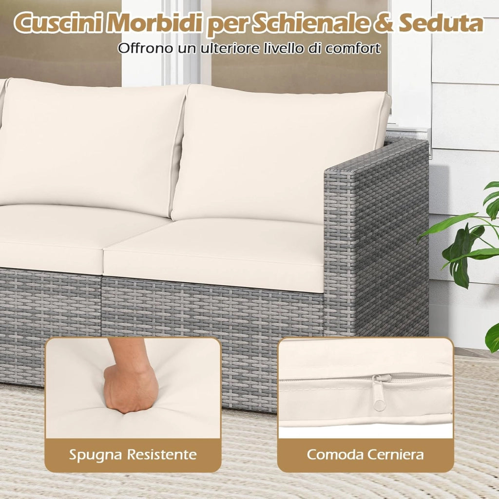 Set Divani da Giardino 3 Pezzi, Set di Mobili Salotto in Rattan PE con Cuscini Morbidi, Set Conversazione da Esterno per Veranda e Bordo Piscina (Bianco)