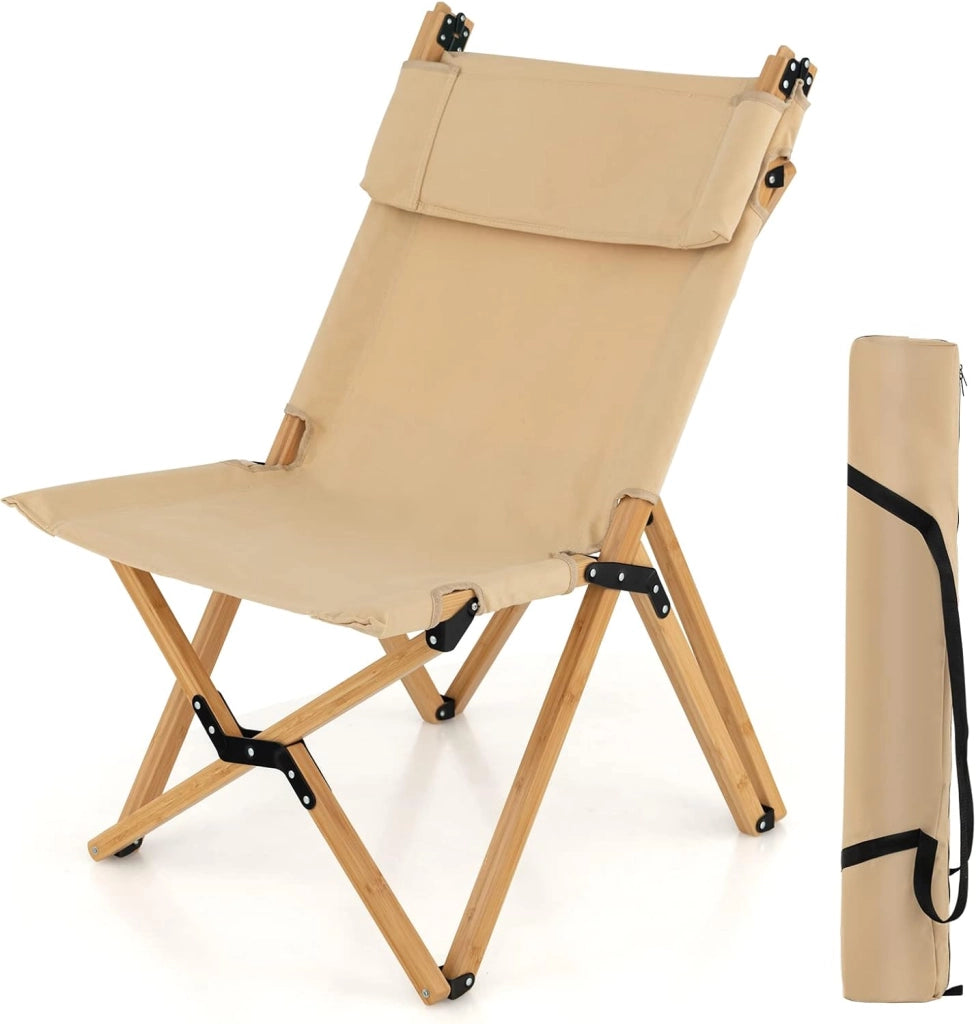 Sedia Pieghevole per Esterni, Sedia da Campeggio Portatile con Telaio in Bambù Solido e Tessuto Traspirante, 99,5x51,5x80 cm, Naturale