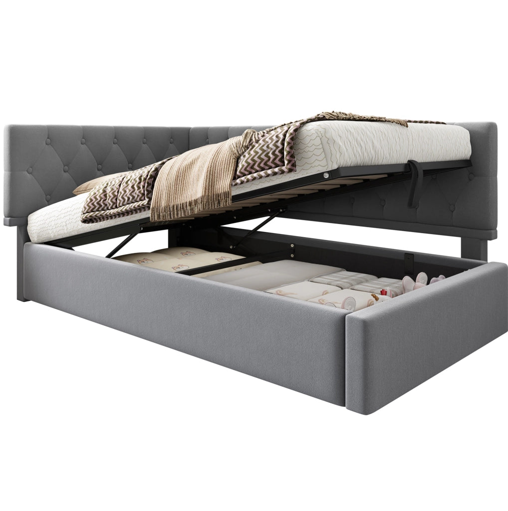 Letto imbottito 90x200 cm in velluto grigio con contenitore idraulico; testiera reversibile