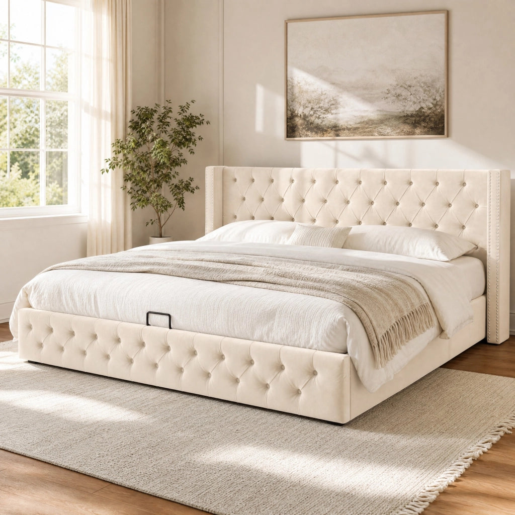 Letto imbottito contenitore Chesterfield 140x200 cm in velluto beige