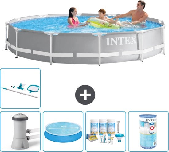 Piscina Rettangolare a Rete - 366 x 76 cm - Grigio - Incluso Pompatore - Ombrello Solare - Kit di Manutenzione - Filtro - Kit di Pulizia
