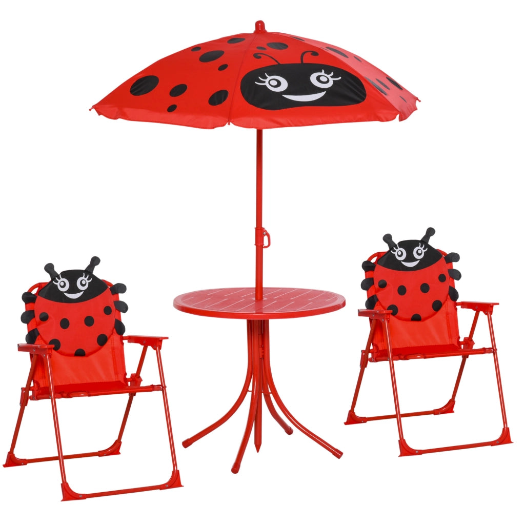 Set giardino bambini 4 pezzi design coccinella ¨C zephmum ¨C tavolo rotondo + 2 sedie pieghevoli + ombrellone, rosso, metallo