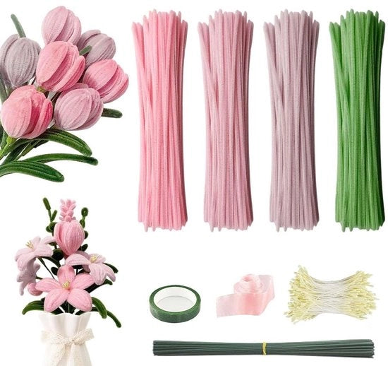 Set di Fiori - Pulitore di Tubi per Attività Ricreative - Fiori - Steli di Fiori Verde - Nastro Adesivo a Rotolo
