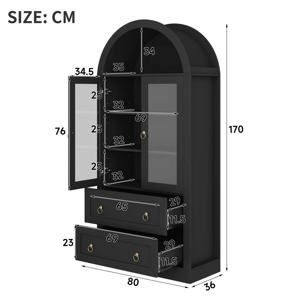 Vetrina ad arco nera con ante in vetro 80 × 36 × 170 cm