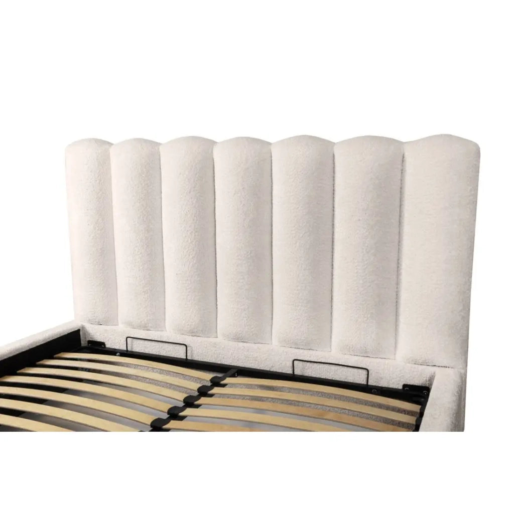 Lettino con contenitore BADJA– Tessuto bouclé Avorio rosato – 140x200 cm – Rete a doghe sollevabile – Design di alta gamma