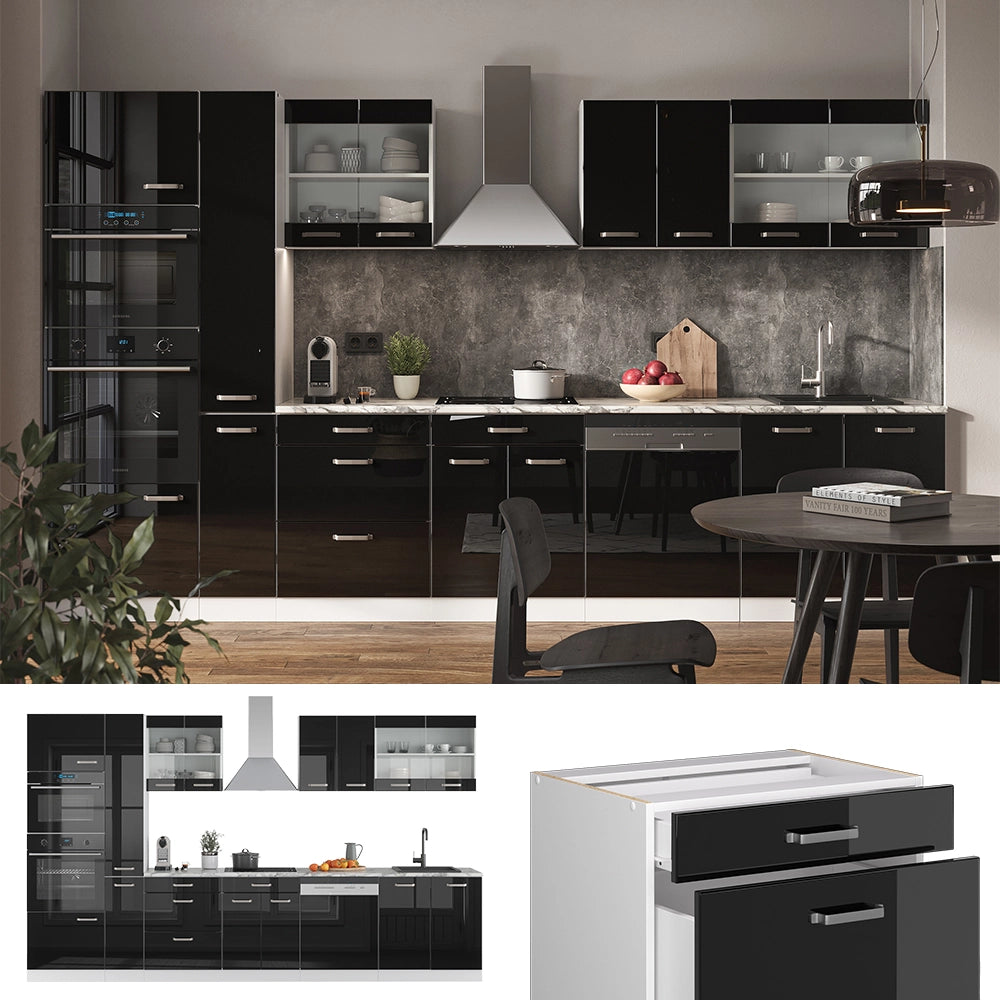 Vicco Cucina componibile Rovere nero lucido/bianco 350 cm con armadio alto, PL Marmo