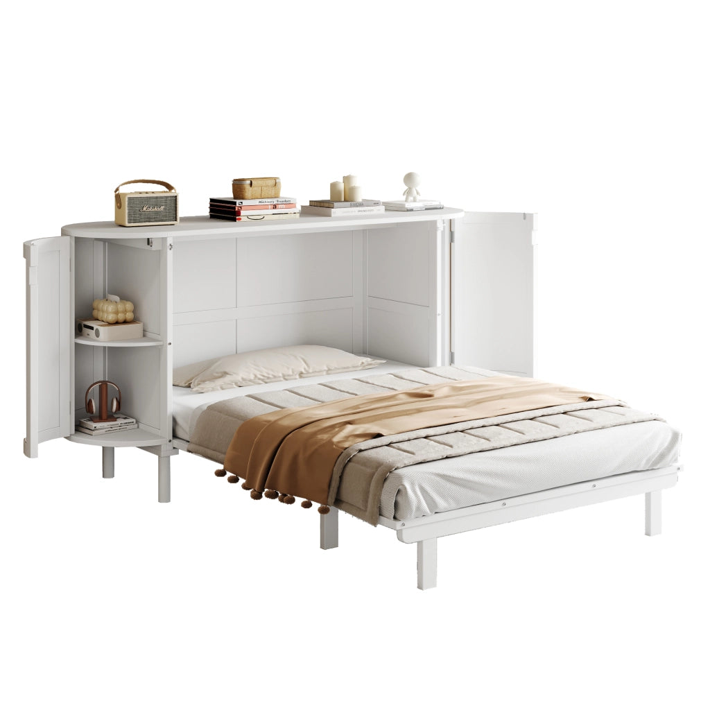 Wall Bed;140x200 cm;featuring storage;rattan design;slatted frame;white