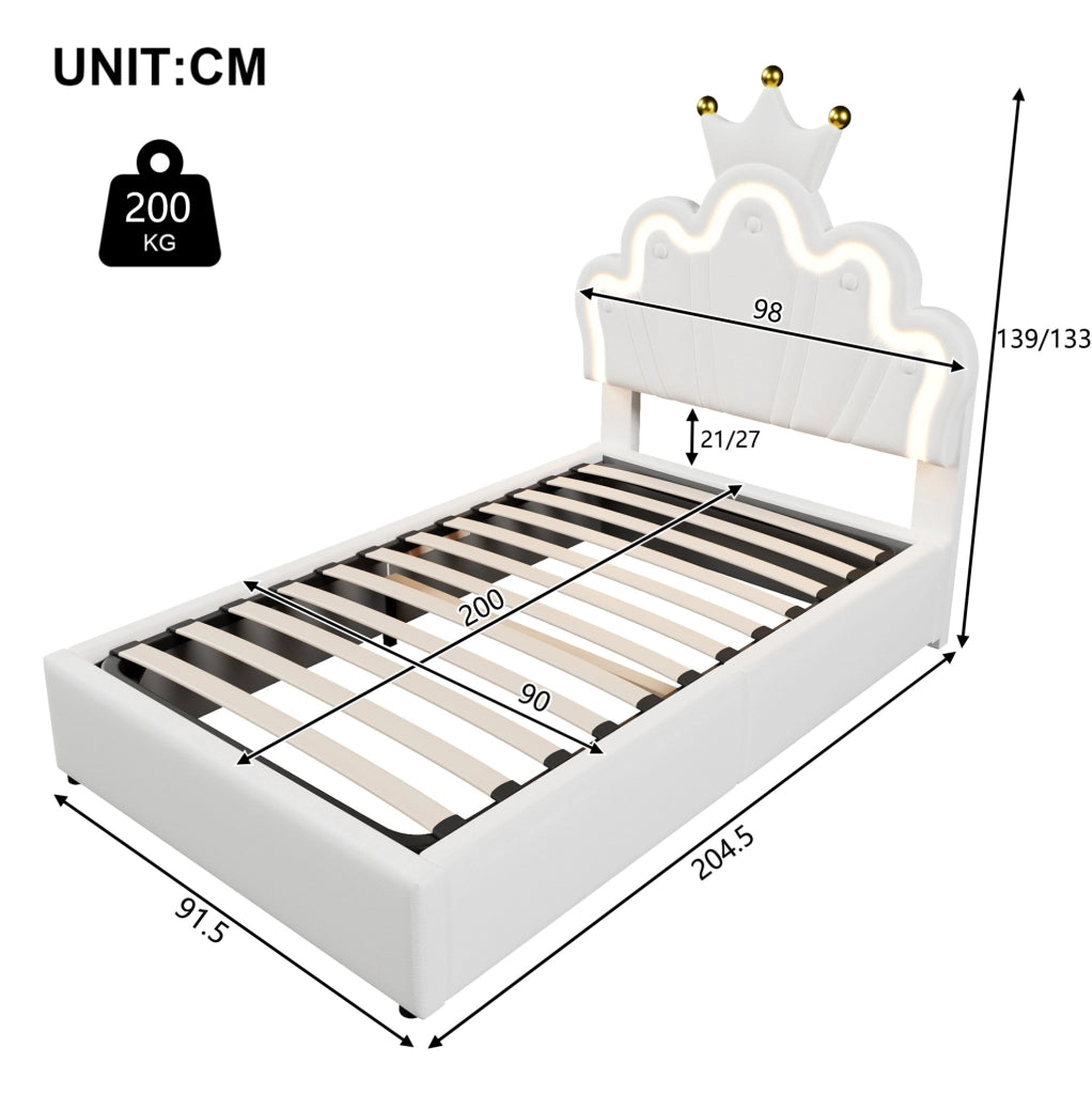 Letto imbottito 90x200 cm con contenitore; LED e testiera regolabile in PU