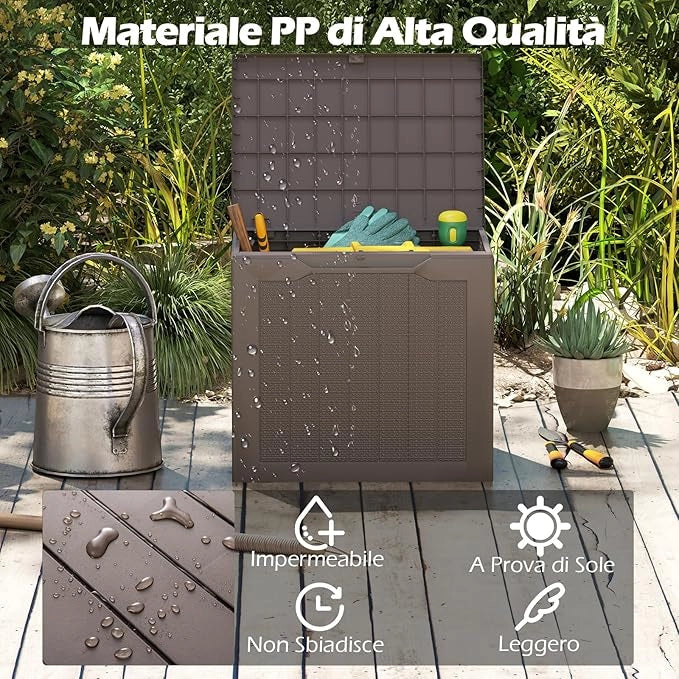 Baule da Esterno 96 L, Cassapanca Contenitore con Coperchio Bloccabile e Tessitura in Vimini, per Giardino e Cortile, 56 x 41 x 50,5 cm (Marrone)