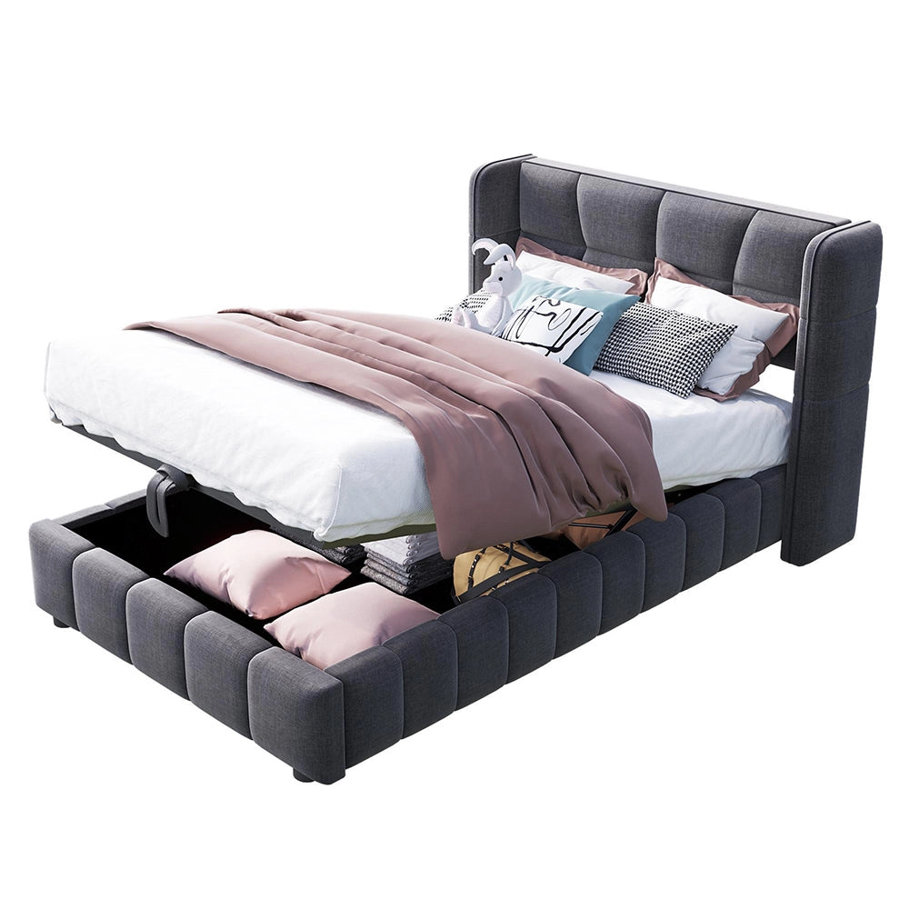 Letto imbottito per bambini - Xylo - 90x200 cm - Grigio - Testiera e sistema di stoccaggio pneumatico