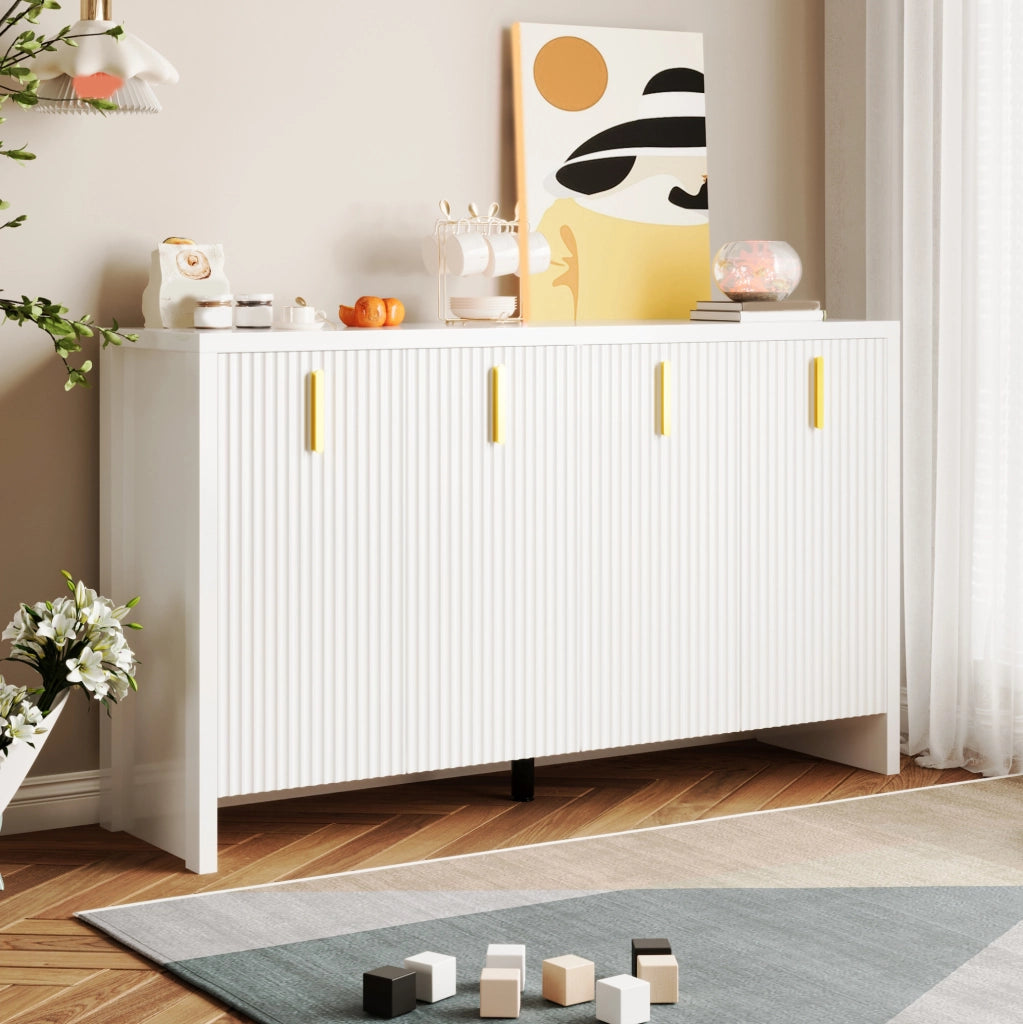 Sideboard bianco moderno con maniglie dorate e ripiani regolabili 140x80x38 cm
