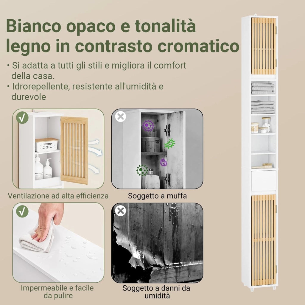 Mobile Bagno Salvaspazio Colonna Armadietto Alto con 6 Ripiani Regolabili, Colonna Bagno con Ante in Bambù, Mobile Alto e Stretto per Piccoli Spazi, Bianco, 20x20x180cm, BZR34-BW
