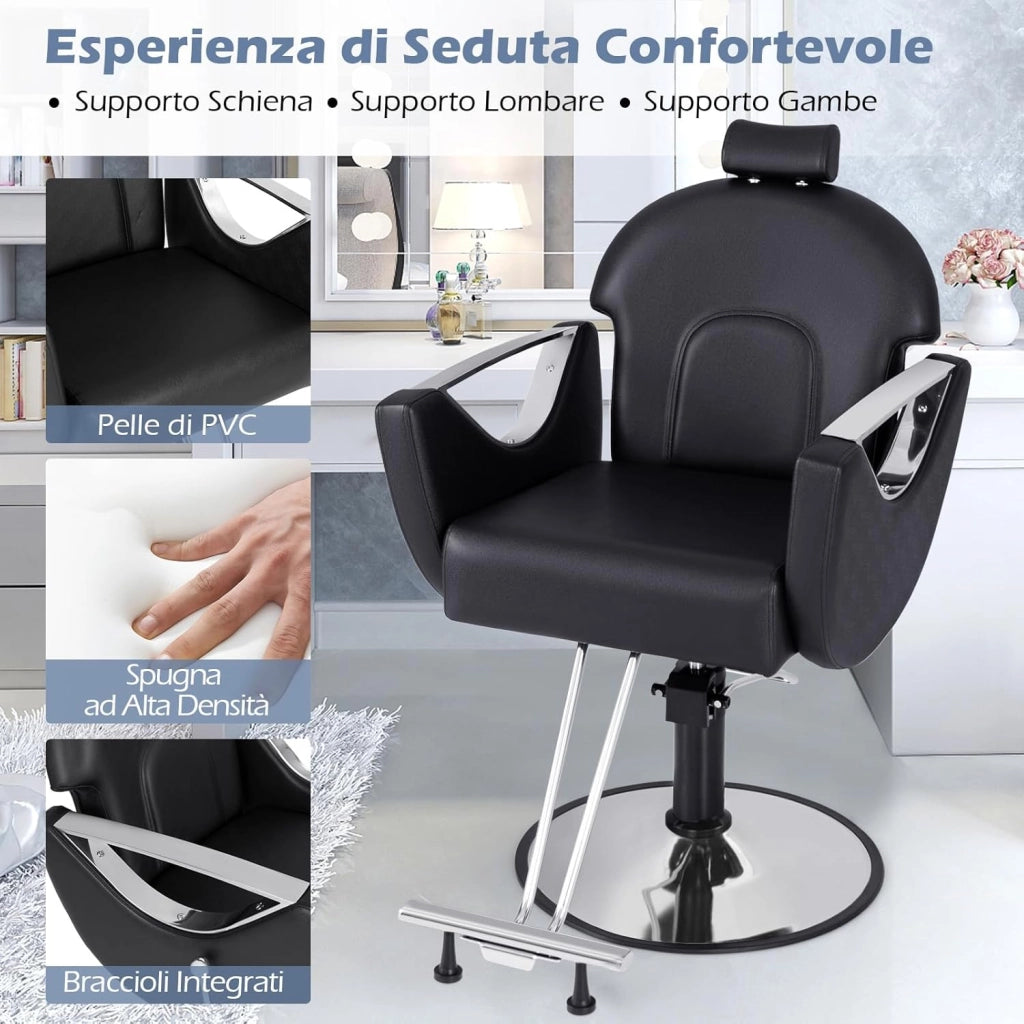 Poltrona da Barbiere Girevole, Sedia da Salone Reclinabile con Altezza Regolabile, Girevole a 360° con Pompa Idraulica, Poggiatesta, Portata 150 kg (Nero)