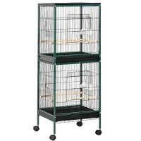 Grande Voliera per Uccelli su Piede Doppia con Mangiatoie Posatoi Vassoio Rimovibile Ruote, 51,5 L x 50 L x 140 H cm