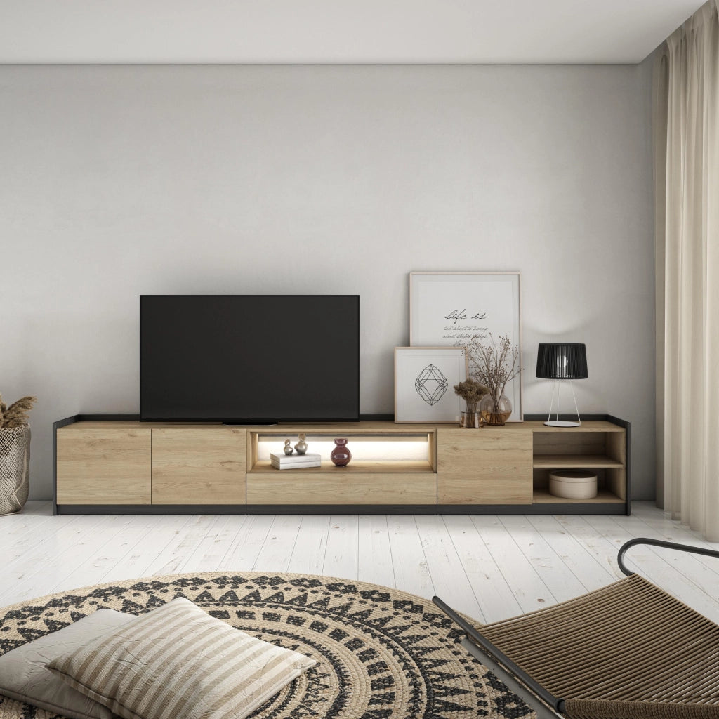 Mobile TV Soggiorno, 310x50x37 cm, Per TV fino a 80", LED, Rovere e nero