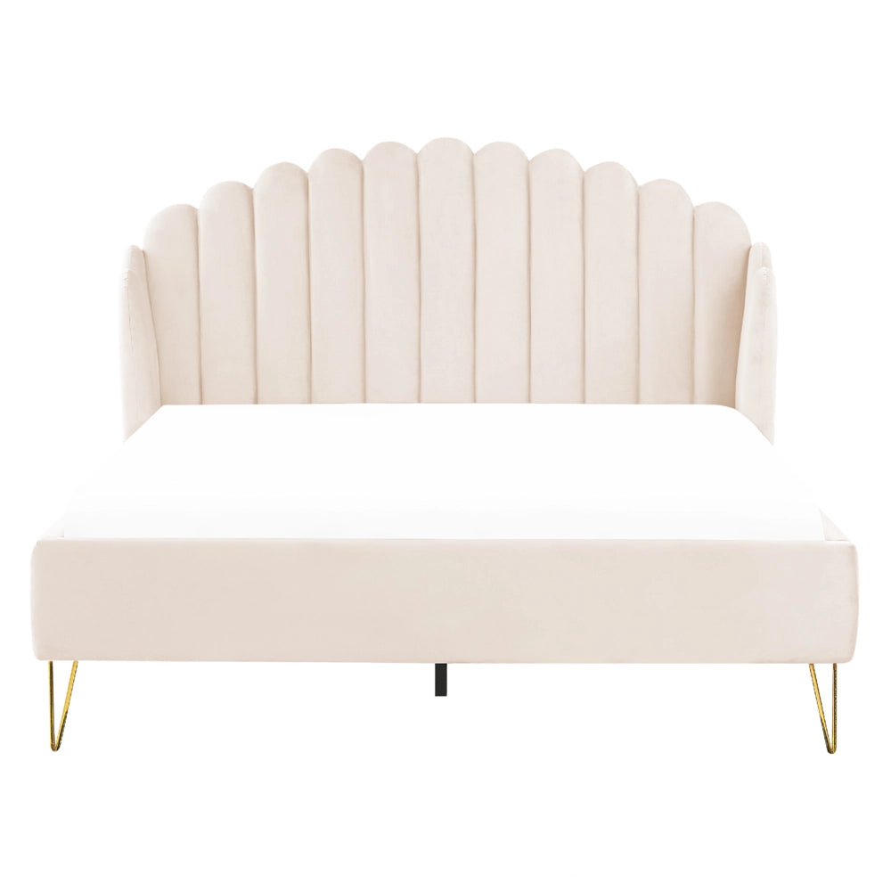 Letto con rete in velluto beige 160 x 200 cm gambe in metallo testata retro capitonné