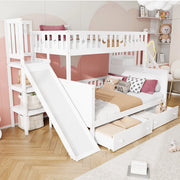 Letto a castello per bambini; 90x200cm e 140x200cm; legno massiccio; con scorrimento; mensole; 2 cassetti; bianco